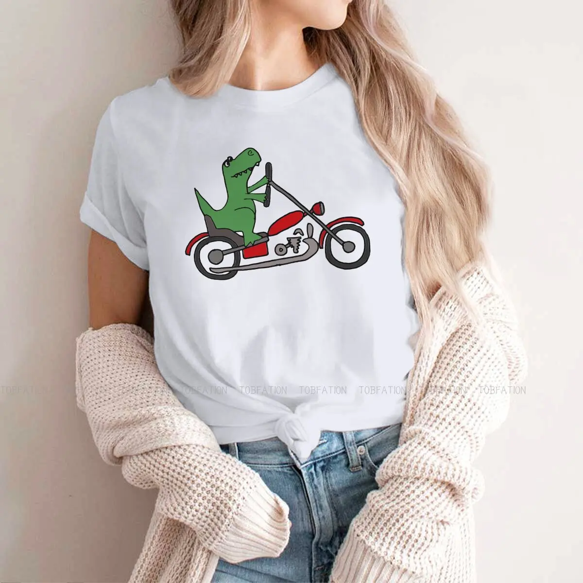 

Motorcycle Lover Girls T Shirt T Rex Dinosaur Riding Female Tops Graphic Funny Tees Ladies 4XL Oversized Tshirt