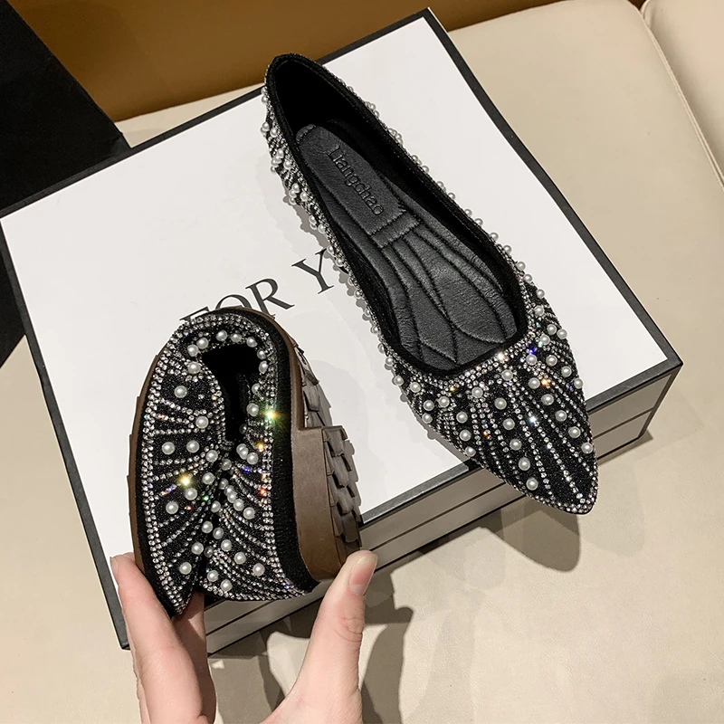 

Women Flat Ballet Shoes String Bead Bling Crystal Pointed Toe Flats Shoes Elegant Lady Shoes Wedding Shoes Size 35-40 Loafers