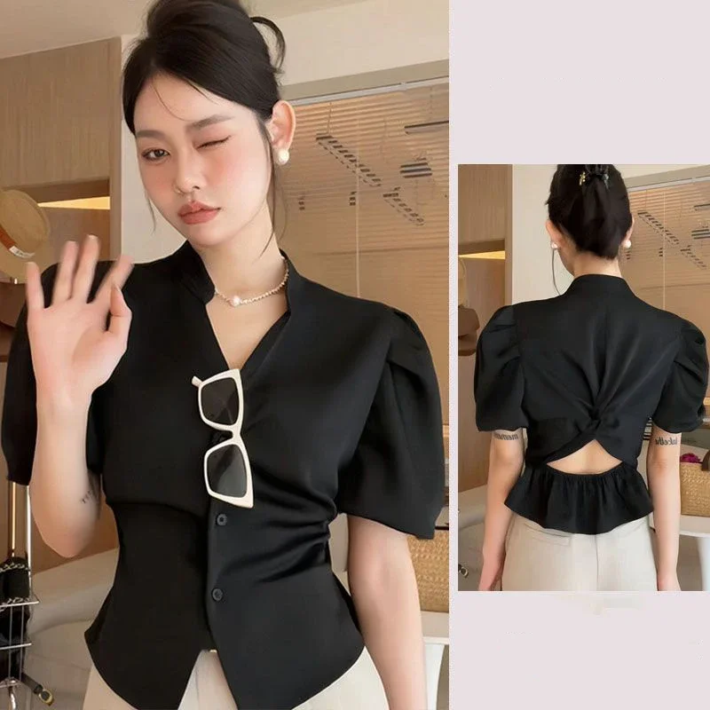 Блузка Женская атласная с открытой спиной и коротким рукавом-фонариком