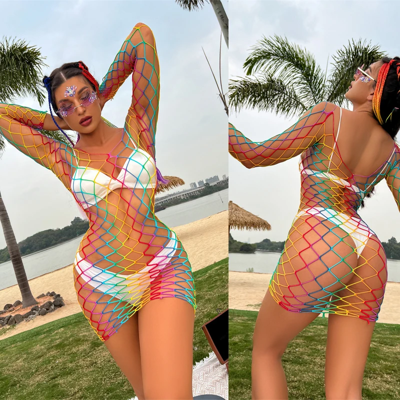 

Ins Crochet Rainbow Knitted Beach Dress Bikinis Cover Ups Neon Color Hollow Out Fishnet See-through Beachwear Swimsuit Qq654