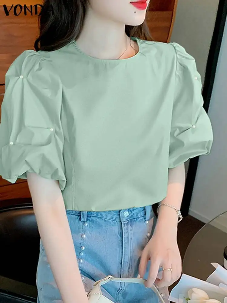 

VONDA Women Tunic 2023 Fashion Shirts Summer Short Puff Sleeve Elegant Pleated Party Blouse Casual Solid Color Tunic Blusa