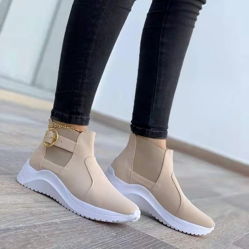 

Pop Style Womens Short Boots Female Flat Platform Leisure Buckle Single Boots Height Increase Plus Size 43 Women Boots Sneakers