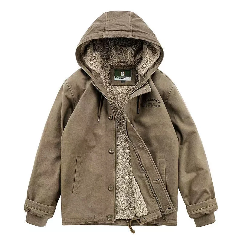 Men'S Winter Cotton Clothes Men'S Jacket Male Lamb Fleece Thickened Hooded Jacket Jacket Men'S Retro Overalls Warm Clothes M-5xl
