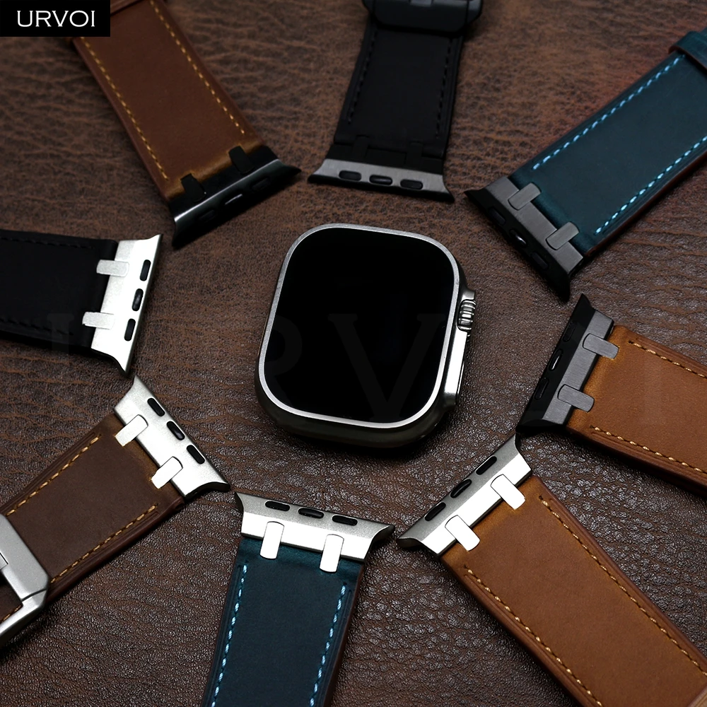Фото Ремешок URVOI для Apple Watch Ultra 3 2 серии 11 10 9 8 SE, винтажный кожаный ремешок для iWatch, прочный тонкий дизайн, адаптеры AP 49 мм №4