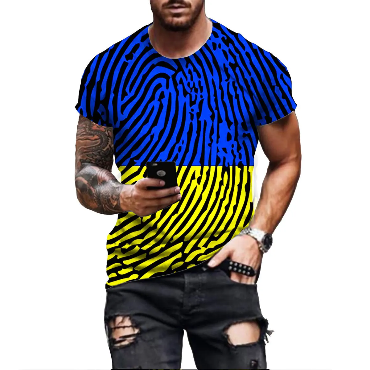 

2022 Fashion Summer T-shirt Men's 3D Ukraine Flag Blue Yellow Print Men's T-shirt Breathable Street Style Stitching Print T-shir