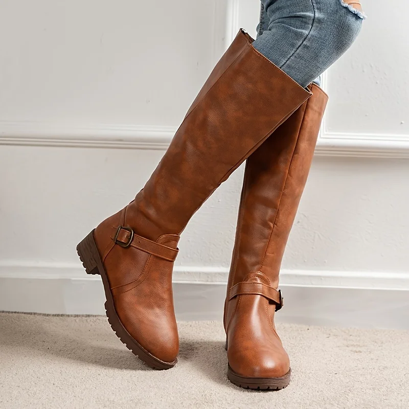 Women's Wide Calf Wear-resistant Riding Boots, Solid Color Zip Back Boots, Women's Footwear