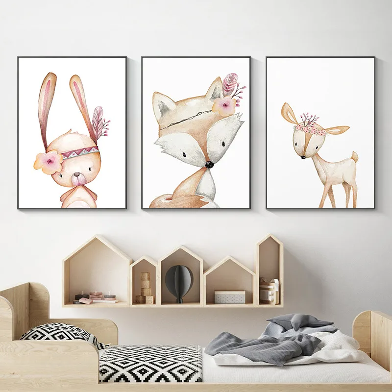 

Rabbit Fox Deer Nursery Nordic Posters and Prints Animal Wall Art Canvas Painting Wall Picture for Baby Girl Boy Kids Room Decor