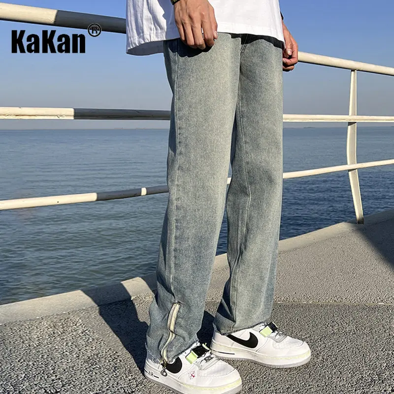 Kakan - European and American New Men's High Street Pant Hem Zipper Jeans, Loose Hip Hop Wide Leg Casual Long Jeans K24-KJ515