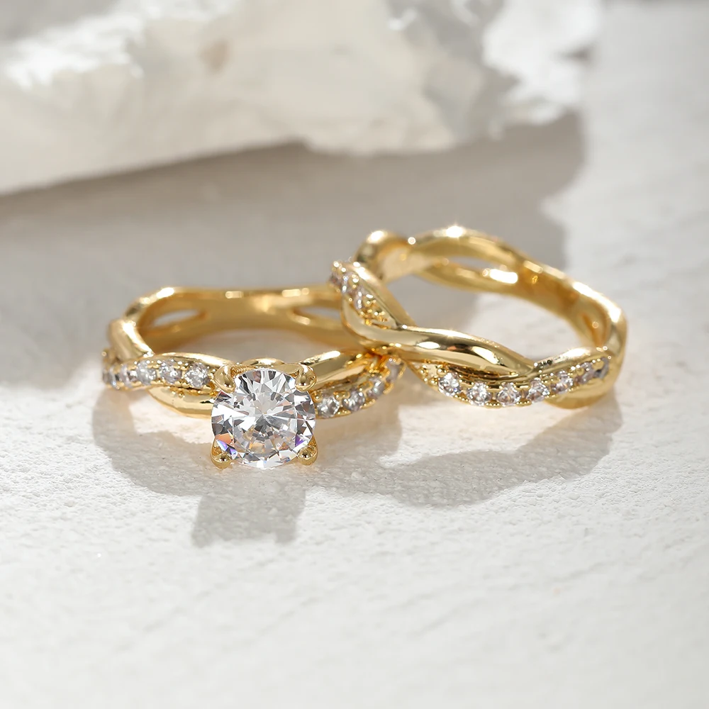 

Trendy Jewelry 2 In 1 Gold Twist Ring Set for Women Men Luxury Round Cut Stone Wedding Engagement Rings Couple Rings Size 5 - 13