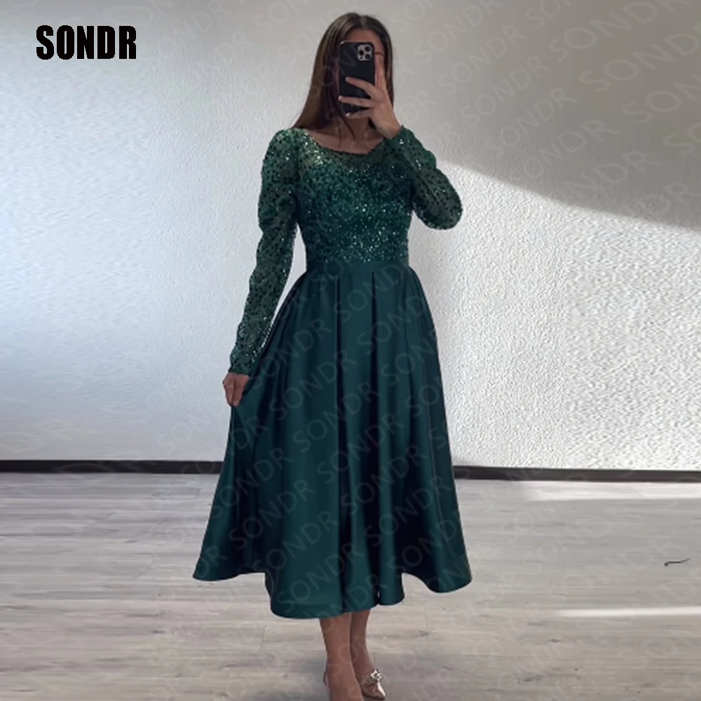 

Blue Short Sparkly Simple A Line Prom Dresses Long Sleeves Evening Dress Tea Length New Formal Party Night Prom Gowns SONDR