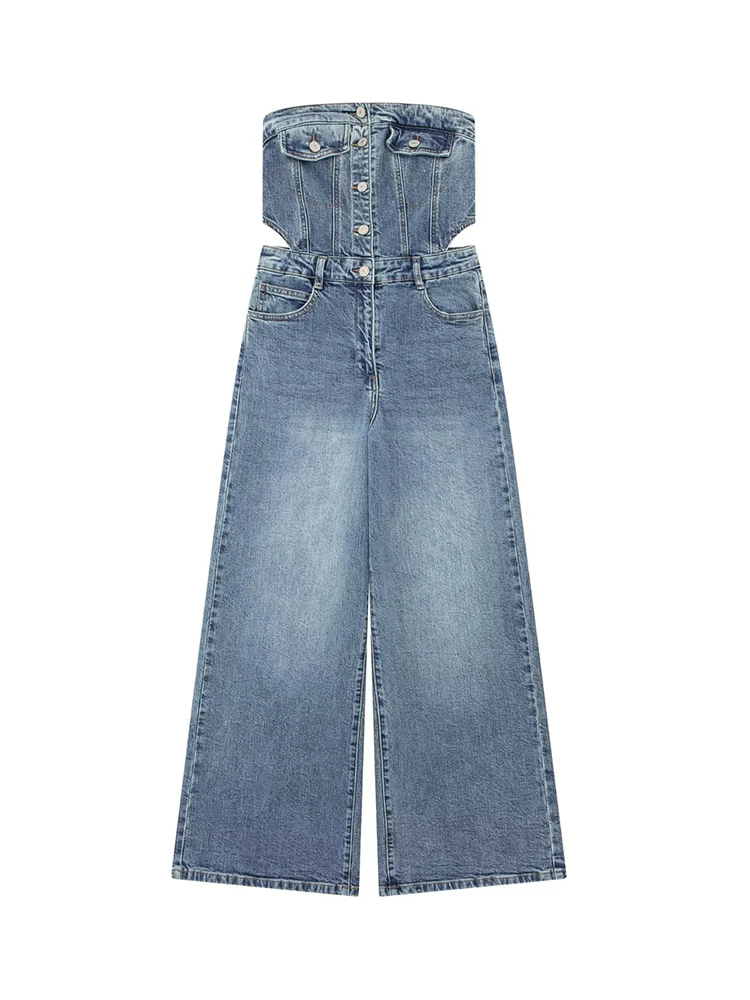 

TRAF 2023 New Ladies Denim Jumpsuits Casual Women Camisole Sleeveless Hollow Waist High Waist Flare Full Length Jumpsuits