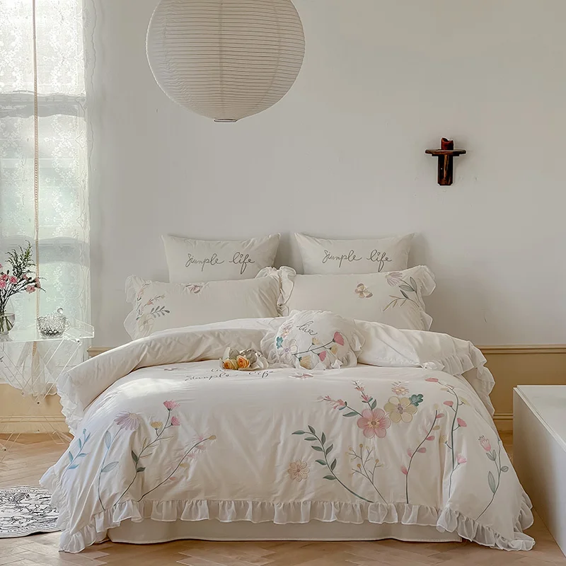 

40S Washed Cotton Bloom Flowers Embroidery Princess Bedding Ruffles Quilt Cover Set Bed Linen Pillow Shams Girl Bedclothes