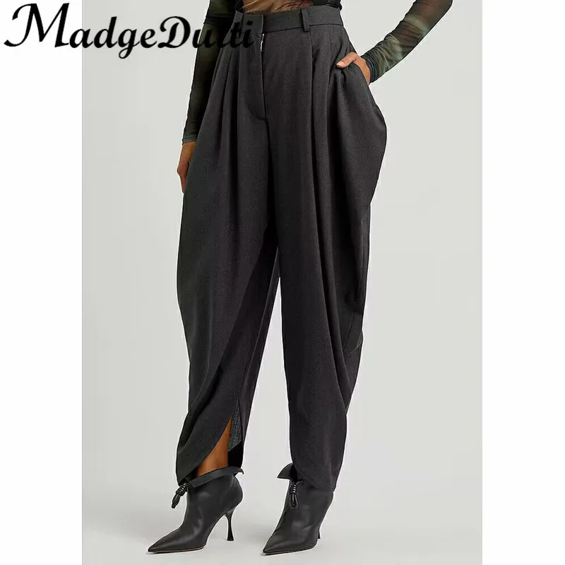 11.28 MadgeDutti Loose High Waist Patchwork Drape Design Wide Leg Irregular Wool Pants Women