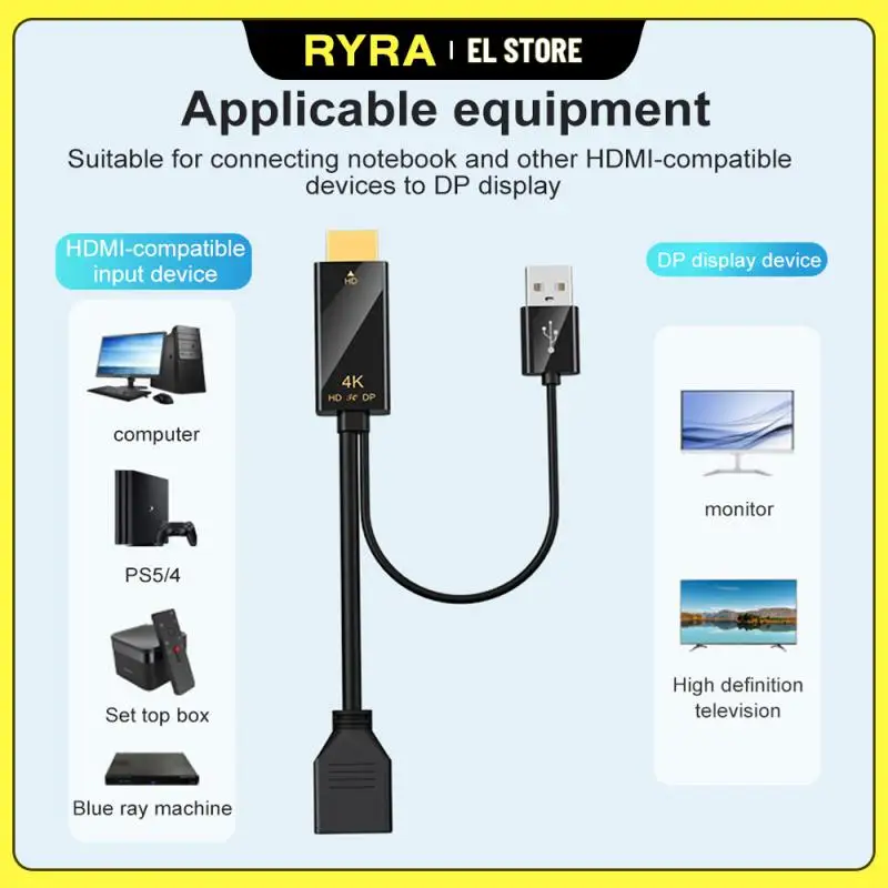 

RYRA DP To HDMI-compatible Cable 4K 60Hz Display Port To HD Adapter Display Port Video Audio For PC TV Projector Laptop With USB