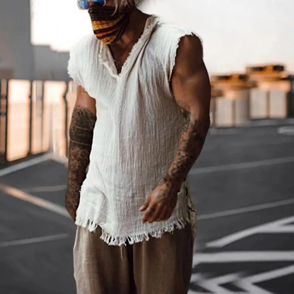 

Vintage Men Vest Solid Color Casual Old Style Loose Type Ripped Edge V Neck Sleeveless Men Tank Top 2023 Fashion Vest Streetwear