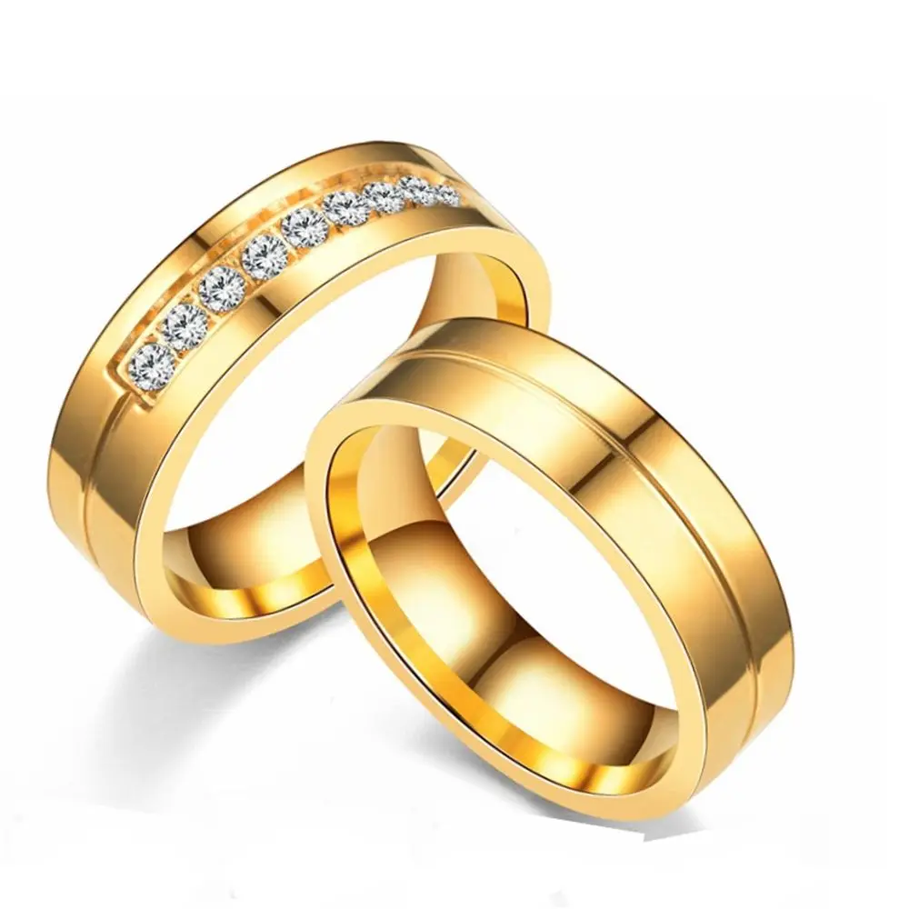 

Fashion Women Men Wedding Band Rings For Love 18K Gold Plated AAA CZ Cubic Zirconia Stainless Steel Couples Ring