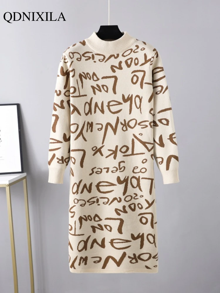 

Платья для женщин, новинка сезона осень-зима 2023, модный винтажный Повседневный вязаный пуловер с длинным рукавом, свитер с надписью, женское платье миди