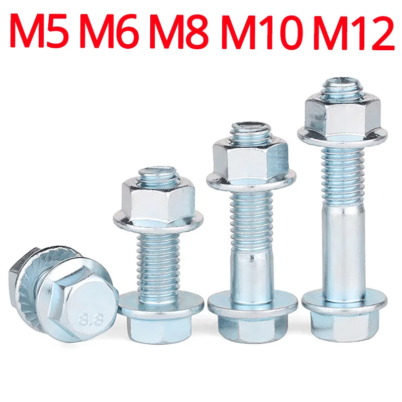 

M5 M6 M8 M10 M12 Grade 8.8 External Hex Screw Nut Bolt High Strength Anti-slid Hexagon Flange Screw With Gasket Set Zinc Plating