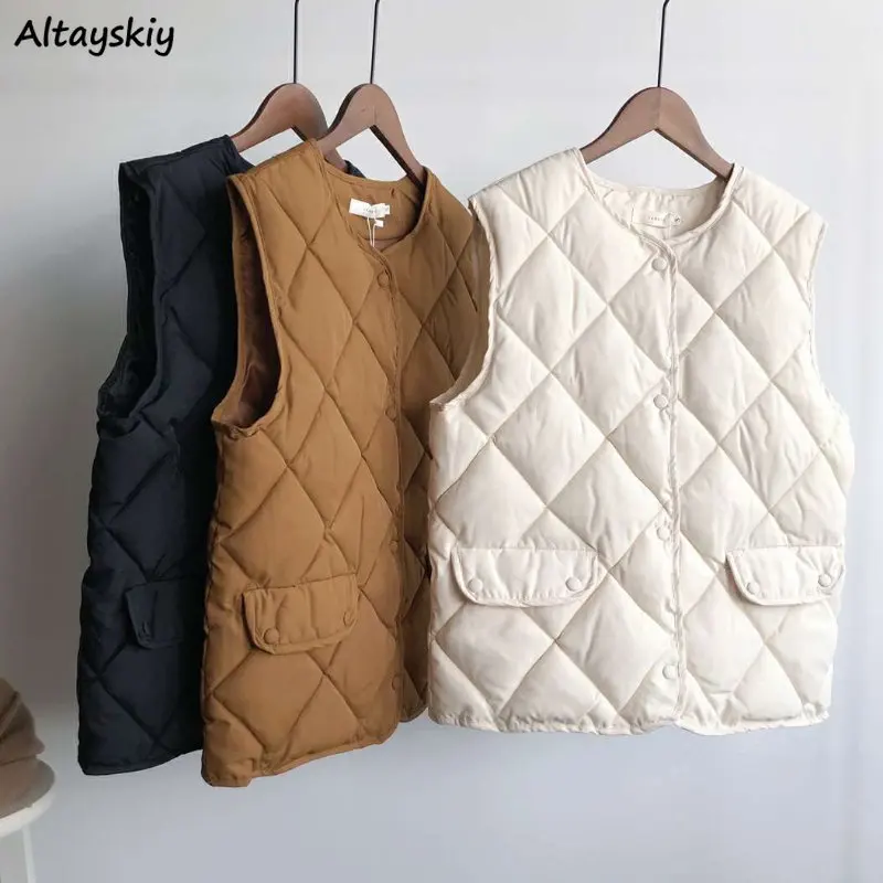 

Solid O-neck Vests Women Vintage Casual Fashion Ins Sleeveless Coats Basic Warm Autumn Popular All-match Females Chic Minimalist