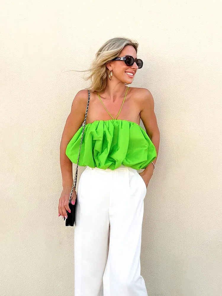 

Женские топы с пышным подолом PB & ZA3332671, Новинка лета 2022, винтажные Женские топы с открытой спиной и тонкими бретельками, шикарные топы 3332/671