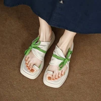 thick soled set toe sandals womens 2022 summer outer wear square toed sandals womens color matching bow one word slippers