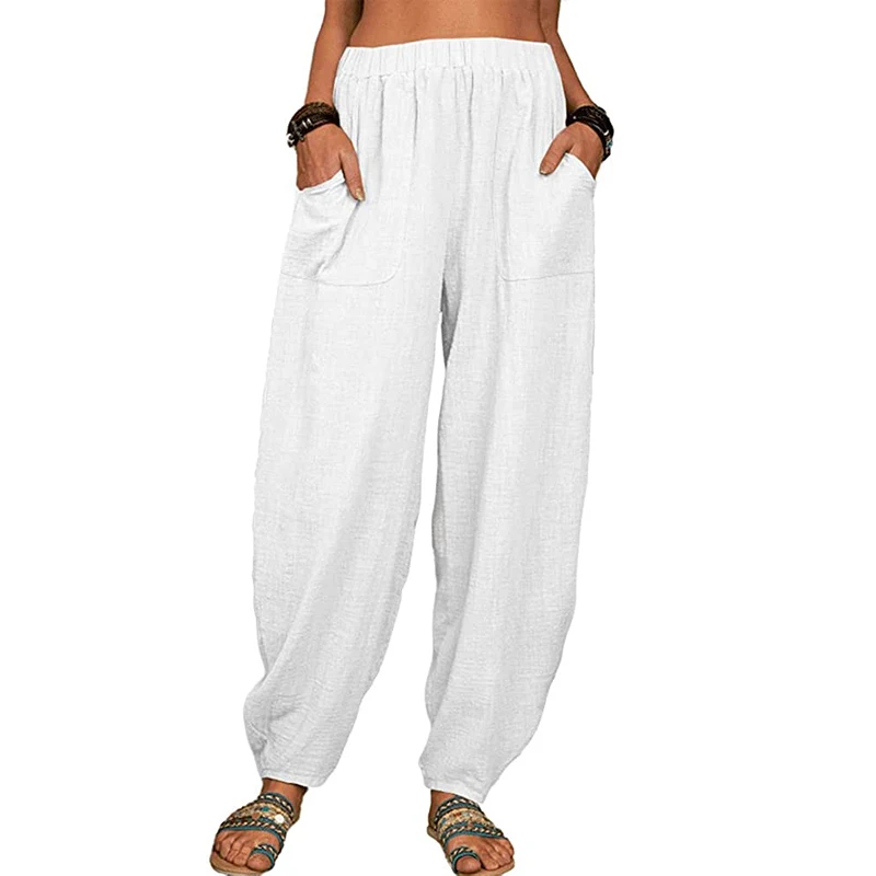 New Women Haren Pants Summer Casual Vintage Cotton Linen Pants Elastic Waist Wide Leg Retro Loose Pockets Female Beach Trousers