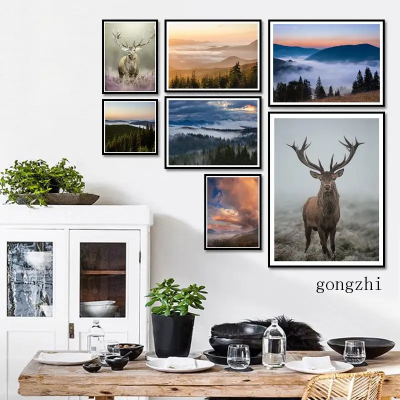 

Nordic Mountain Forest Nature Landscape Canvas Painting Modern Animal Elk Wall Art Posters and Prints Home Decor Living Room