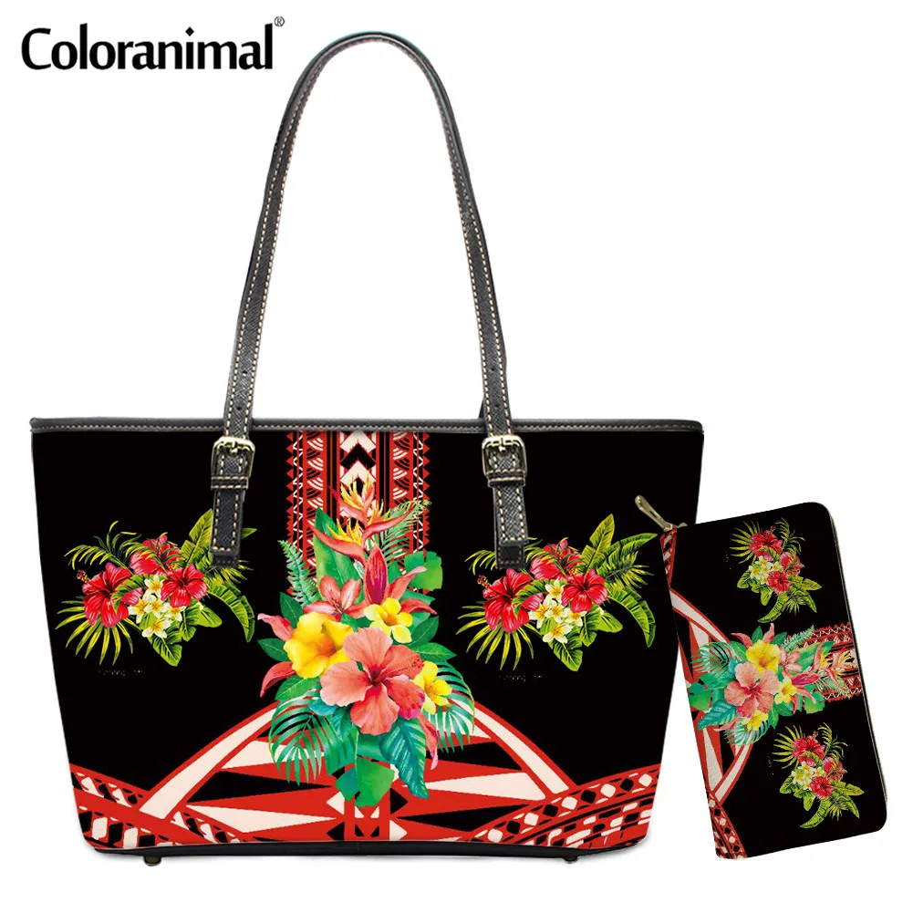 

Coloranimal Pretty Tropical Plumeria Butterflies Plam Leaves Printed Leather Shoulder Bag for Women 2Pcs/Set Tote Handbag&Wallet
