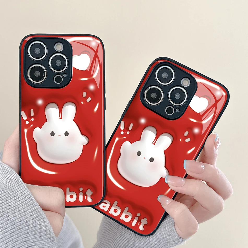 

Cartoon Rabbit Painted Glass Phone Case For iPhone 14 13 12 11 Pro Max Mini XS Max X XR 7 8 Plus Se2 SE3 Protection Back Cover