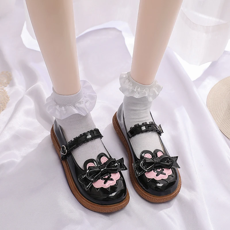 

2022 New Blue Lolita Shoes Sweet Bow Buckle Strap Cosplay Shoes Woman Solid Color Patchwork Lace Flat Platform Mary Jane Shoes