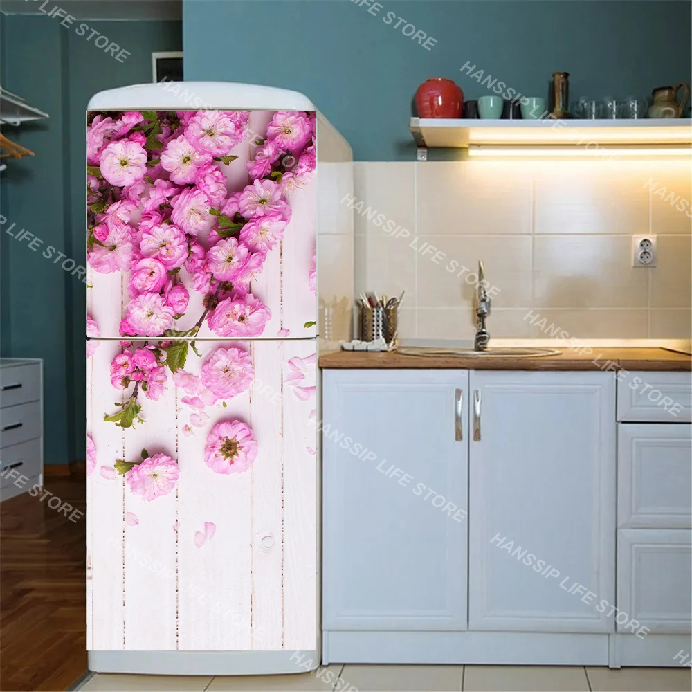 Blooming Flowers Fridge Art Mural Sticker Peel and Stick Home Decoration Wallpaper Kitchen Refrigerator Cabinet Floral Poster
