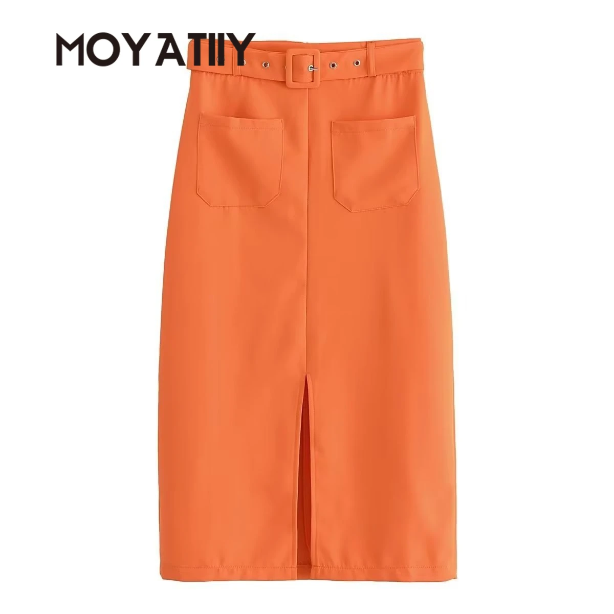 

MOYATIIY Women Skirts Fashion New Year Orange Slim Midi Skirts with Belt Office Ladies Female Bottoms