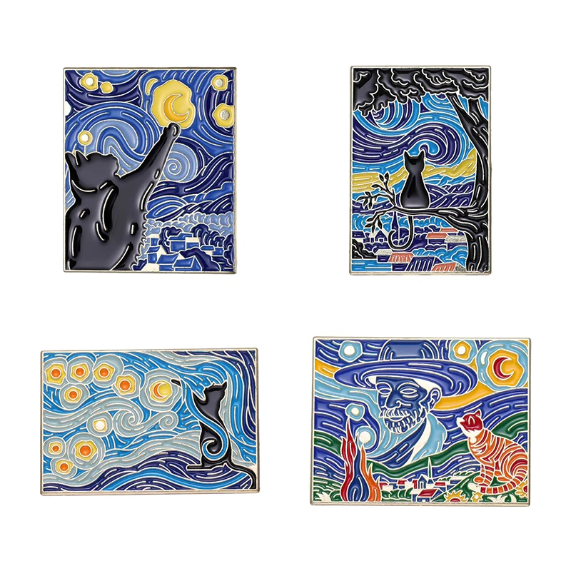 

Van Gogh Oil Painting Enamel Pins Starry Night Cat Brooch Lapel Badges Jewelry Gift for Friends Kids