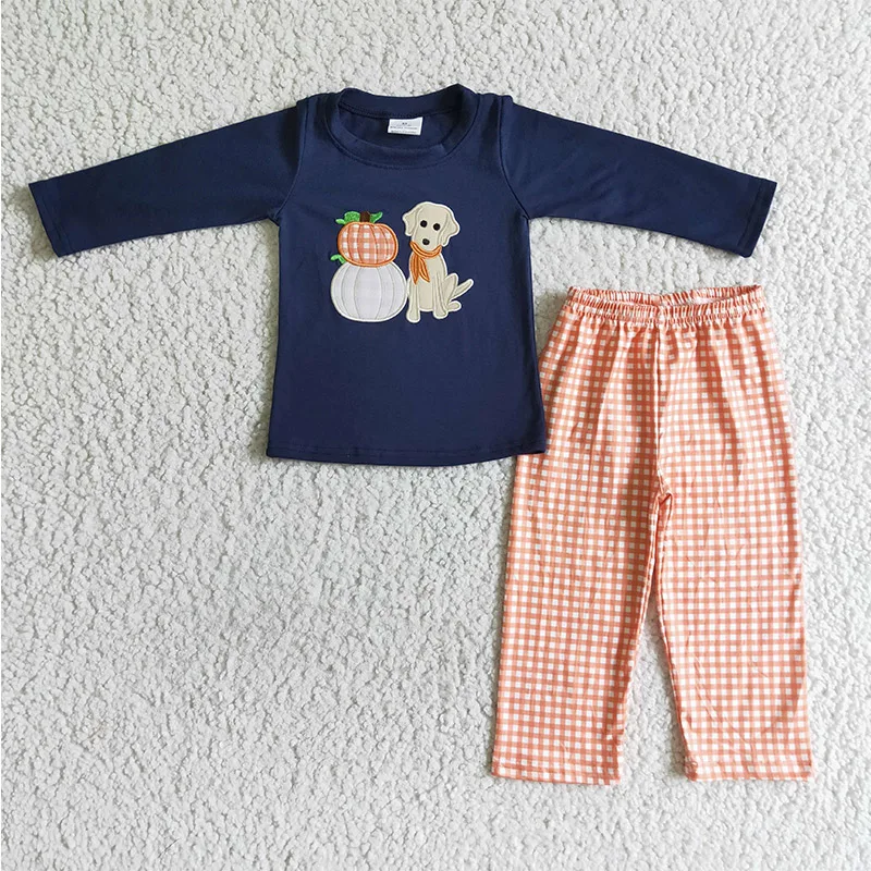 

Children's fall clothing boutique kids clothing pumpkin dog embroidery shirt plaid pants boys clothing sets ready to ship