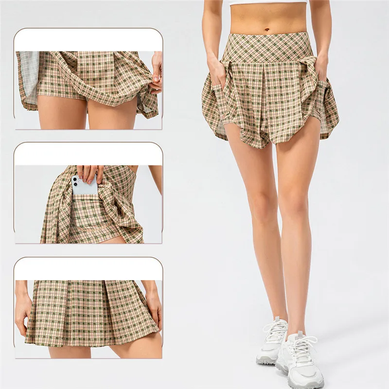 Women Sports Skorts Summer 2 In 1 Tennis Mini Pleated Skirts Plaid Fitness High Waist Athletic Golf Running Shorts With Pocket