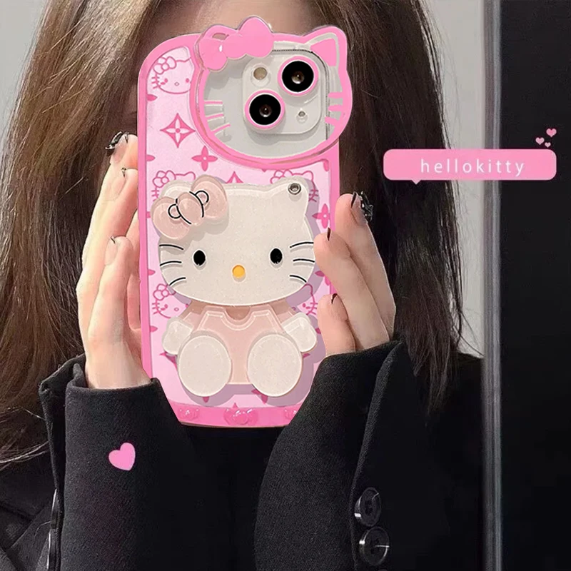 Милый розовый чехол Hello Kitty для телефона с зеркалом макияжа IPhone 11 12 13 14 15 Pro Max XS X XR 7 8
