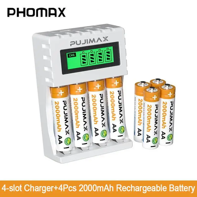 

PHOMAX 4 Slots LCD Display Multi Battery Charger and Original 4Pcs AAA/AA Ni-MH Multiple Capacity Rechargeable Batteries Pack