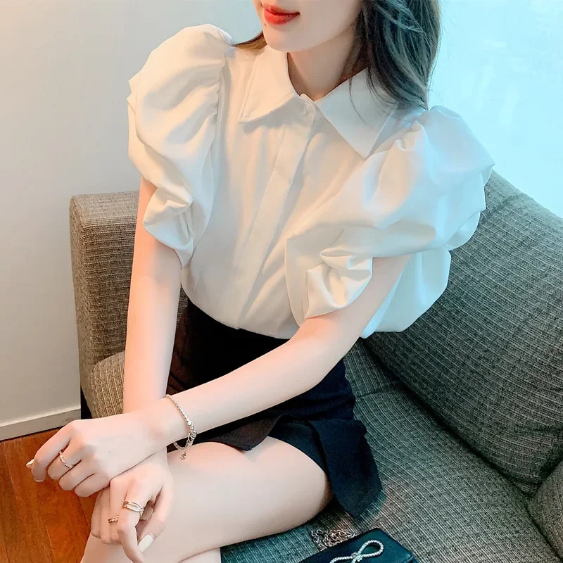 Блузка с коротким рукавом-фонариком черная Повседневная модная женская блузка