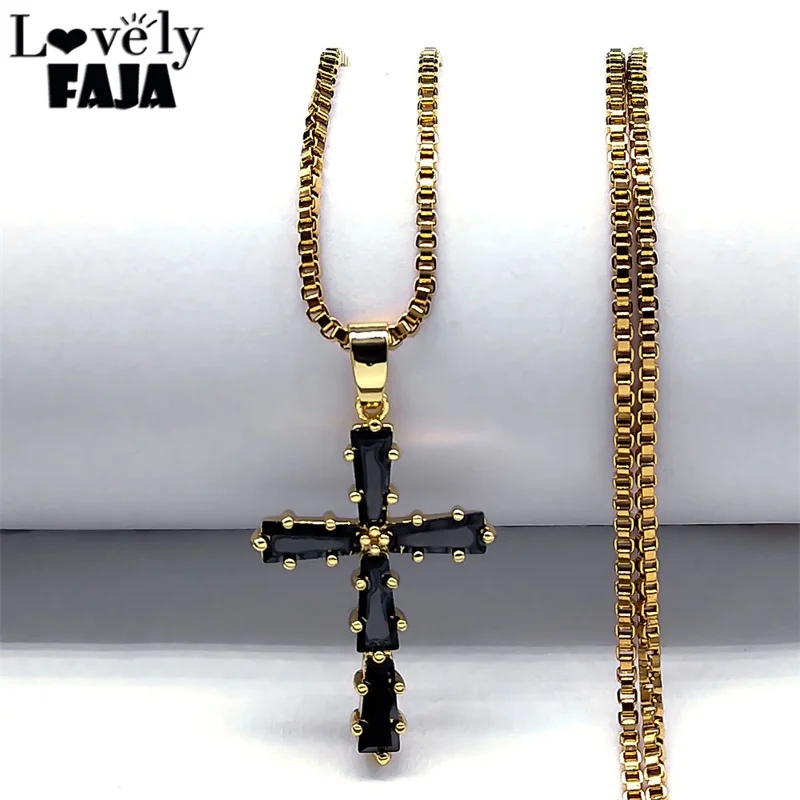 Goth Black Zircon Cross Pendant Necklace for Women Men Stainless Steel Chain Choker Crystal Religious Necklaces Party Jewelry