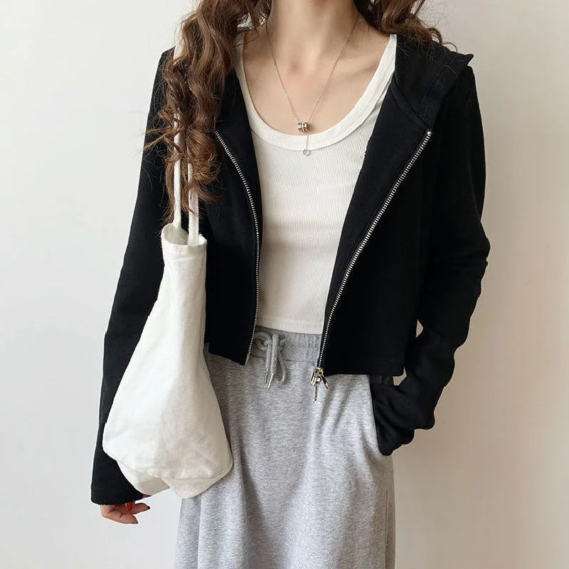 

Short Hooded Jacket Women's Spring Summer Thin 2022 New Korean Design Hoodie Fashion Slim Casual Long Sleeve Zip-up Hoodies