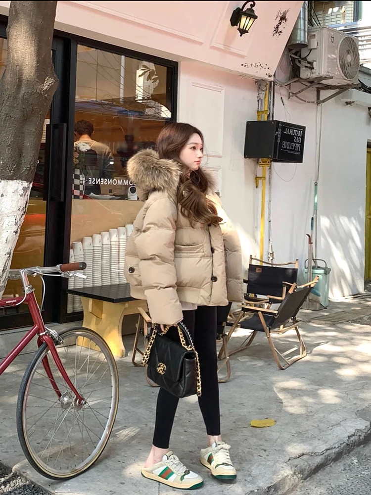 2024 новинка зимы пуховик с большим меховым воротником женский короткий