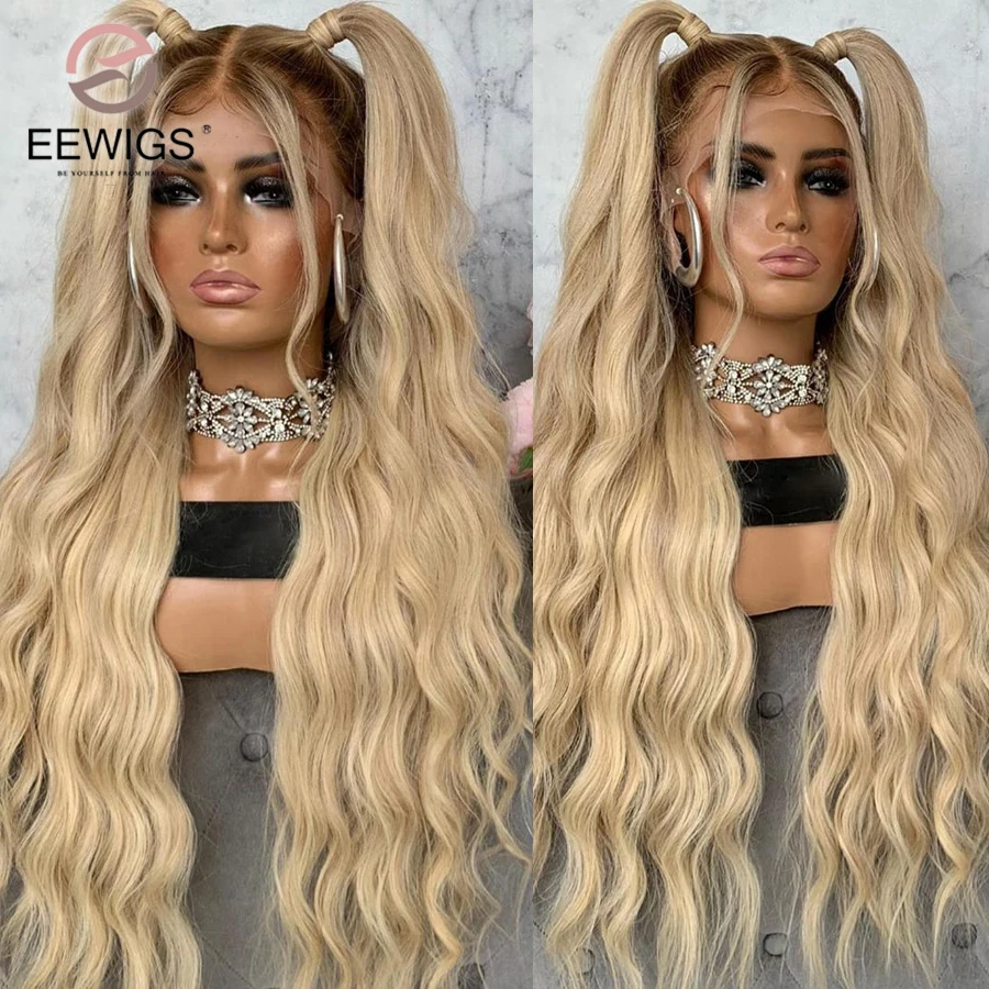 Ombre Blonde Lace Wigs Loose Wave Synthetic Lace Front Wig Short Brown Roots Glueless Cosplay Wig For Black Women EEWIGS