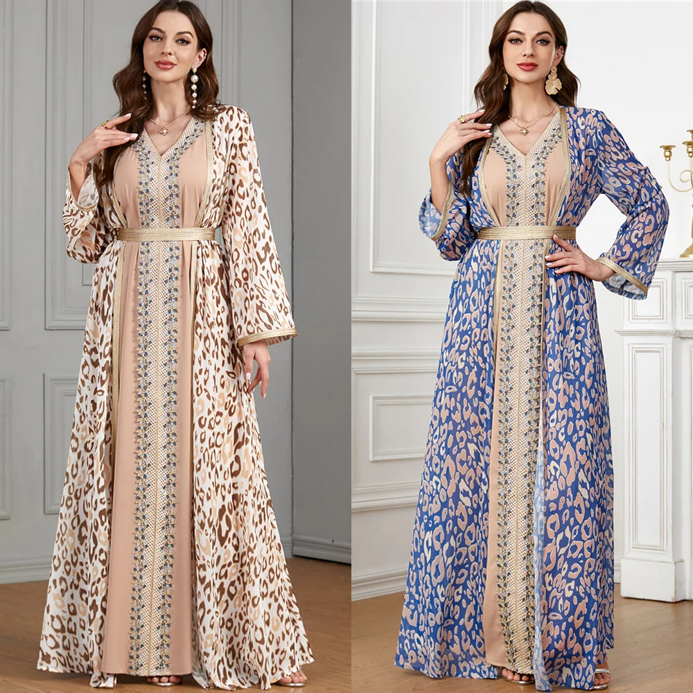 Conjunto de 2 piezas para mujer musulmana, vestido Abaya abierto con estampado Floral, Kimono de Dubái, Turquía, Gulf Jalabiya, Vestido Largo de Ramadán Eid