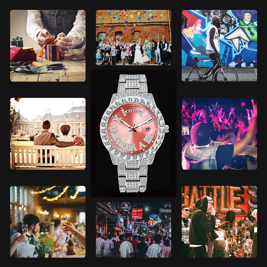 Pink Watch For Women Luxury Cute Large Dial Ladies Quartz Watches With Date Day Display Diamond Party Jewelry Clock Droshipping