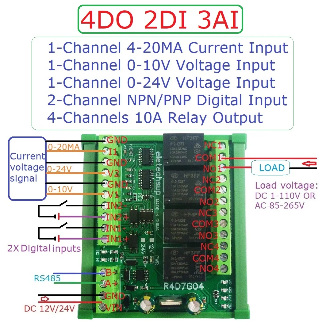 

DC 12V/24V 4CH/8CH Multi-function RS485 Modbus PLC IO expansion board 0-10V Analog Current Voltage Collector NPN/PNP DIO