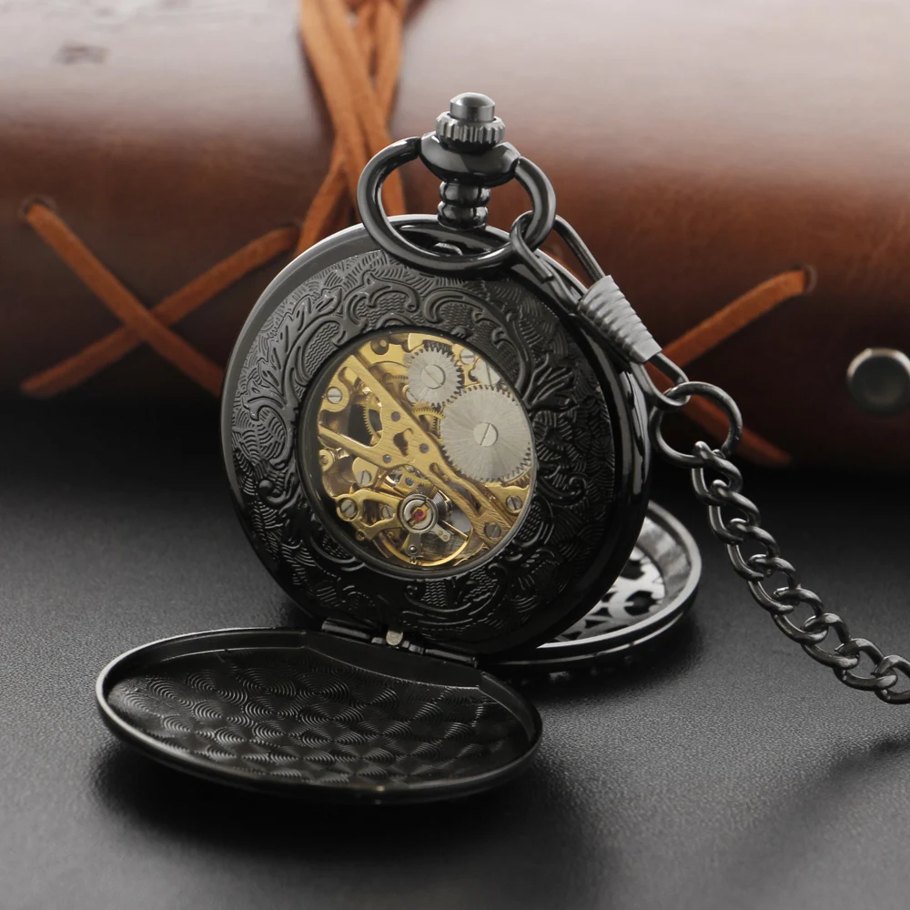 Black Hollow Double Opening Manual Gentleman Mechanical Pocket Watch Vintage Men's Necklace Pendant Clock Women's Jewelry Gift