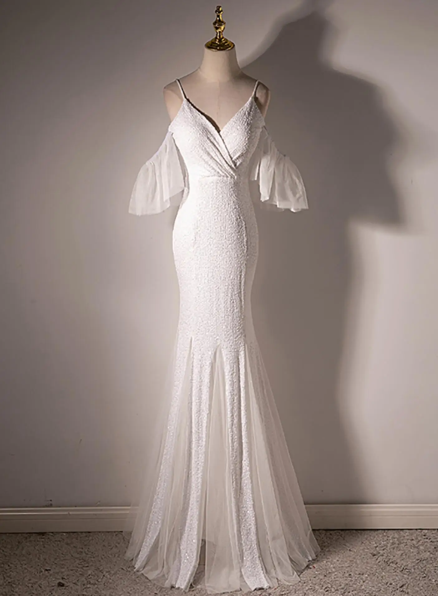 Gorgeous Women White Evening Dress Summer V-neck Off The Shoulder Sequined Gown Femme High Waist Slim Solid Floor Length Dresses