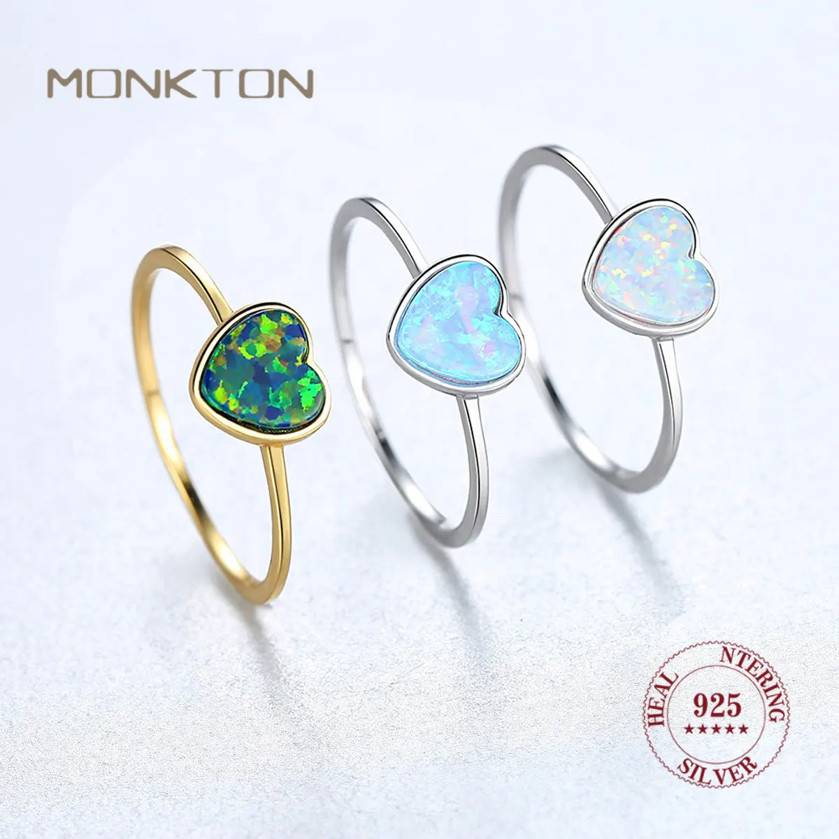 

Monkton 925 Sterling Silver Jewelry Real Opal Rings Heart Love Shape 3 Colors Gemstone Ring for Women Luxury Jewelry Wholesale