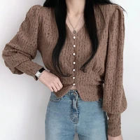retro shirt womens long sleeved v neck single breasted solid color korean fashion chic elegant casual top button up shirt new