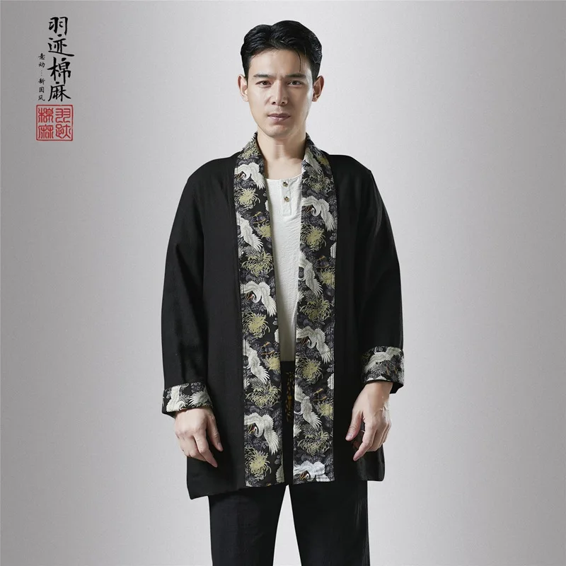Men's Windbreaker Medium Chinese Clothing Loose Long Sleeve Cardigan Vintage Print Linen Jacket